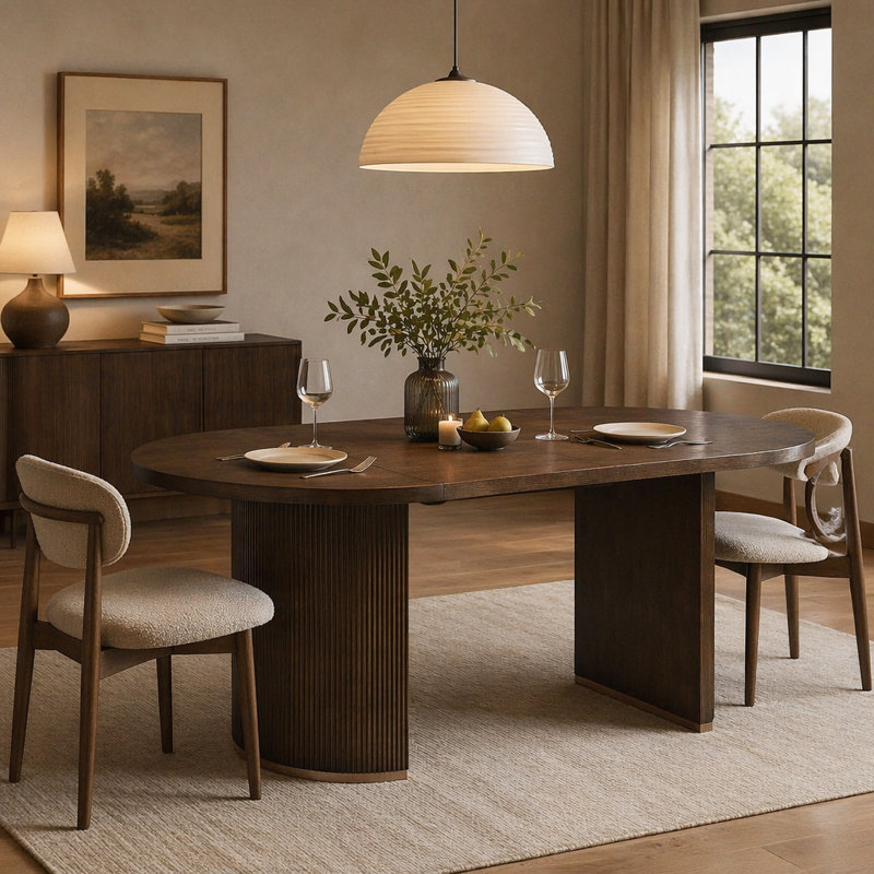 Table de salle à manger ovale à double piédestal, Noyer