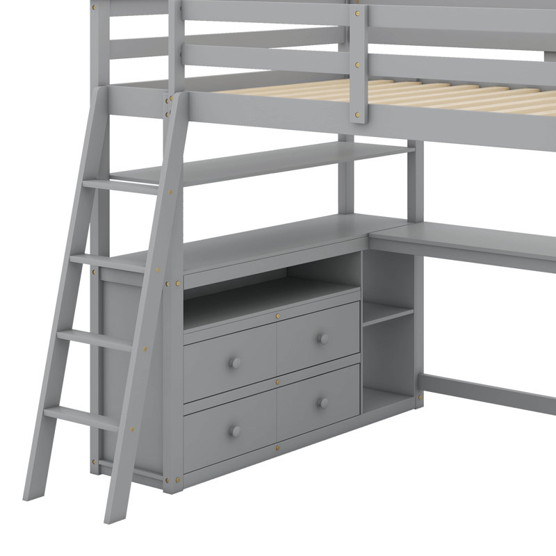 Lit mezzanine double avec bureau et tablettes, Gris
