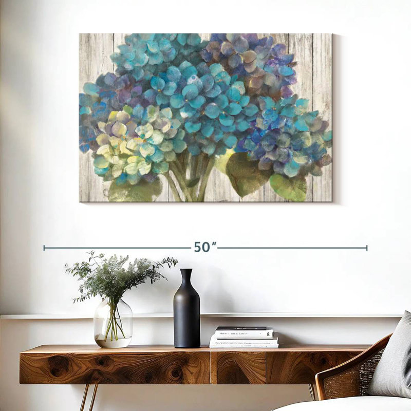 Harnek Turquoise Hydrangea On Barn Board, 26" H x 39" W