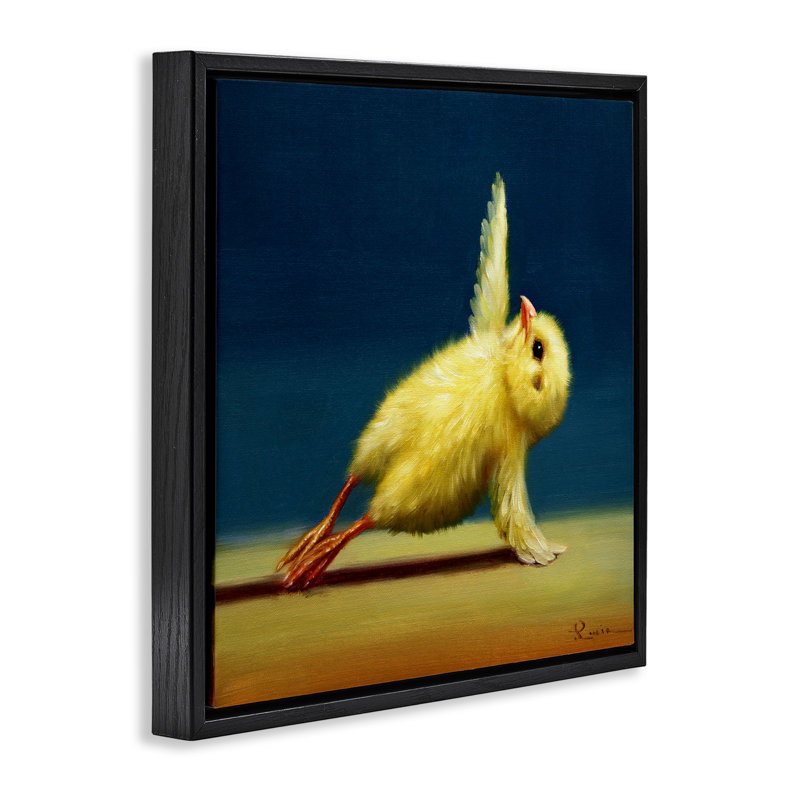 Poussin jaune qui s'étend du yoga, H 18 po x l 18 po, Cadre flottant noir de jais