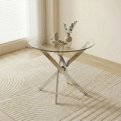 Round Dining Table, 35.5" Glass Dining Table with Silver Legs, Modern Kitchen Table for Home Kitchen, Dining Room