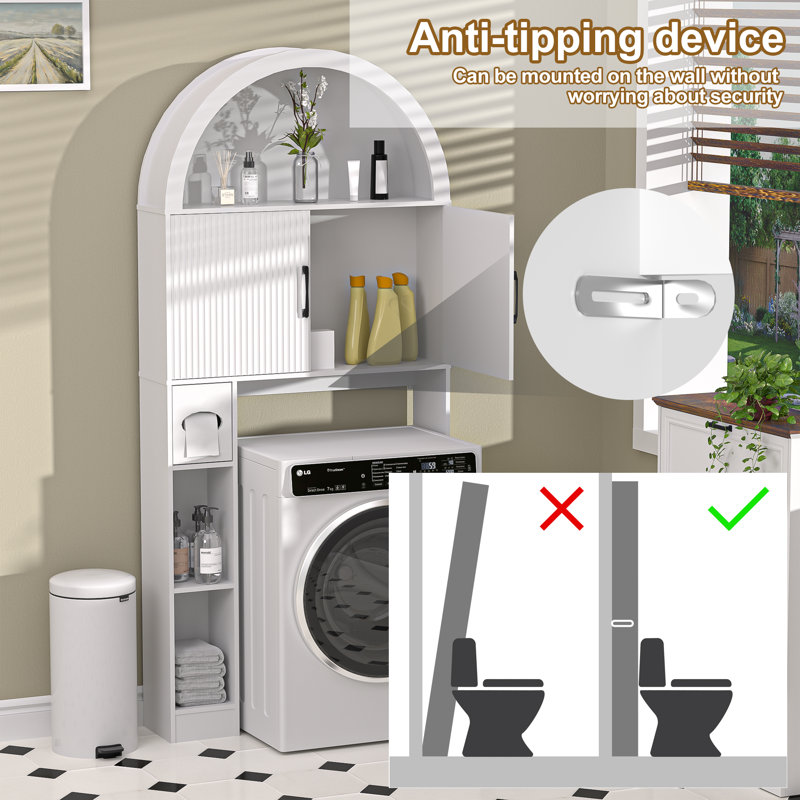 AHB Over The Toilet Storage Cabinet, Freestanding Bathroom Organizer with Adjustable Shelf and Anti-Tip Device, Arched Cabinet with Doors, Space-Saving Toilet Storage for Bathroom, Laundry, Mini Bar