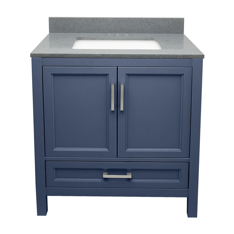 Haleyann 31'' Single Bathroom Vanity with Engineered Quartz Top, Galaxy Gray, Navy Blue