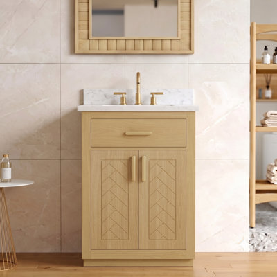 24" Modern Bathroom Vanity with Artificial Marble Top, Flip-Up Storage Shelf, Adjustable Interior Shelf, Soft-Close DTC Hinges & Brass Hardware