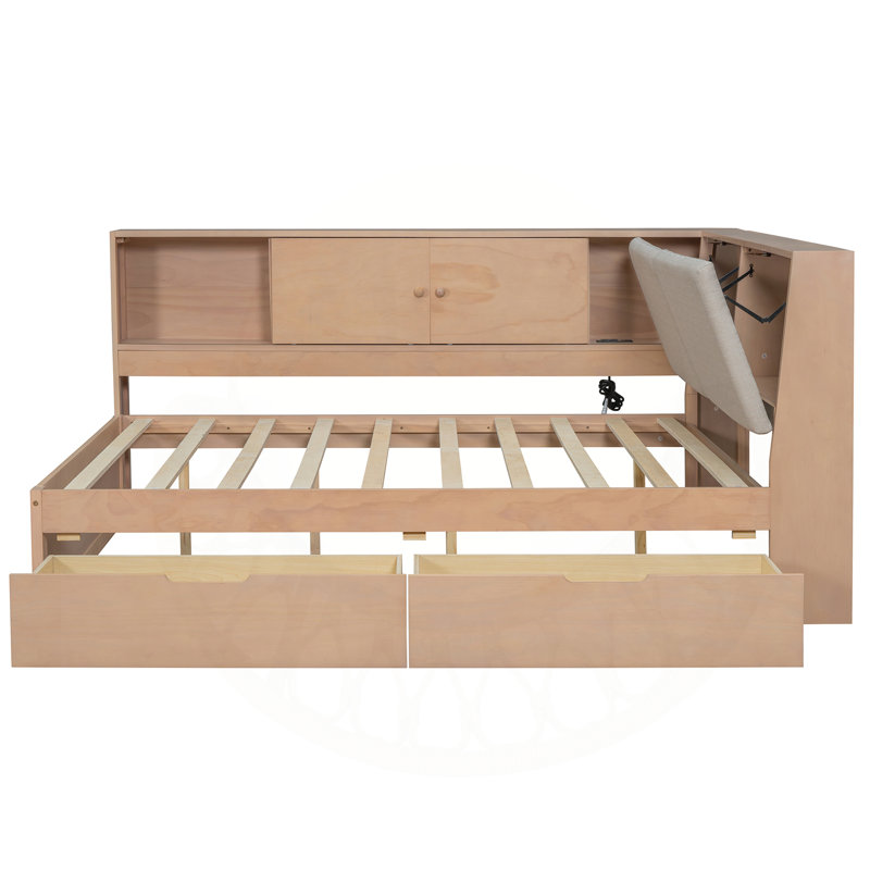 Versatile Wooden Twin Hartline with Multiple Storage Options and Advanced Features, Full / Double, Natural