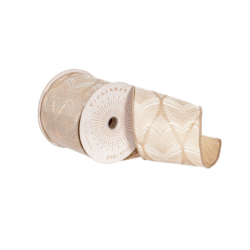 Vickerman 4"x10yd Feather Leaf Ribbon., Champagne White