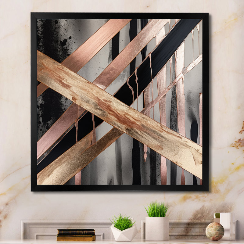 «Metallic Stripes And Circles III», reproduction sur toile abstraite en marbre, Cadre photo noir, H 16 po x l 16 po x P 1 po