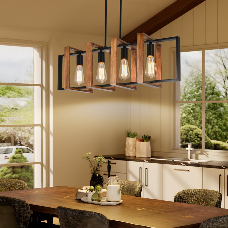 Luminaire suspendu linéaire en bois pour îlot de cuisine 4 lumières Rodnisha, Bois