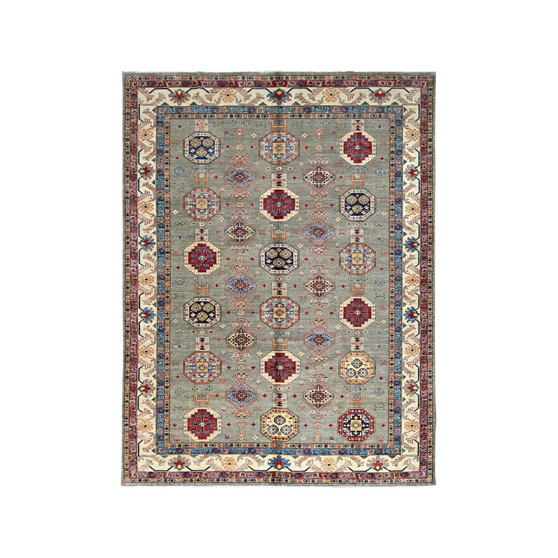 Tapis super Kazak noué à la main 8 pi 10 po x 11 pi 9 po en fer forgé gris BF8ADD5B483E49DAAAB50DB8D6178158