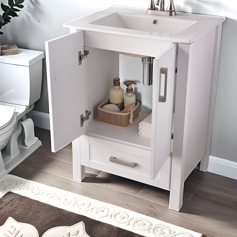 24" Modern Free Standing Single Bathroom Vanity with Ceramic Top, White, Silver
