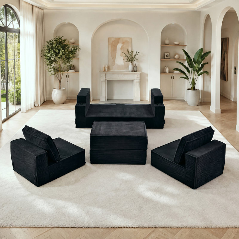 Canapé-lit futon pliable en velours côtelé de 190 cm (74,8 po), format queen, avec porte-gobelets et poches latérales - Aucun assemblage requis, noir