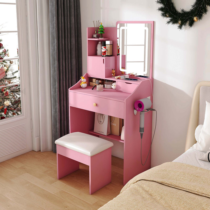 Miroir de coiffeuse 3 couleurs à DEL avec tabouret, coiffeuse rose pour la chambre à coucher, 2 tiroirs et 5 armoires de rangement (4 ouvertes + 1 cachée), éclairage réglable