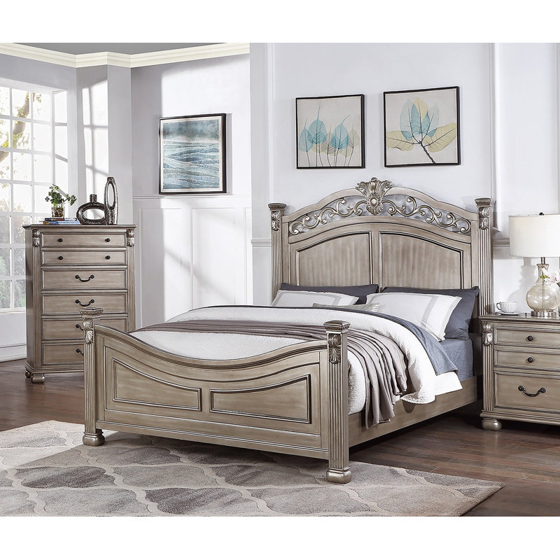Cadre de lit avec tête de lit de conception unique et formelle en argent antique traditionnel pour grand lit 1pc, Grand lit