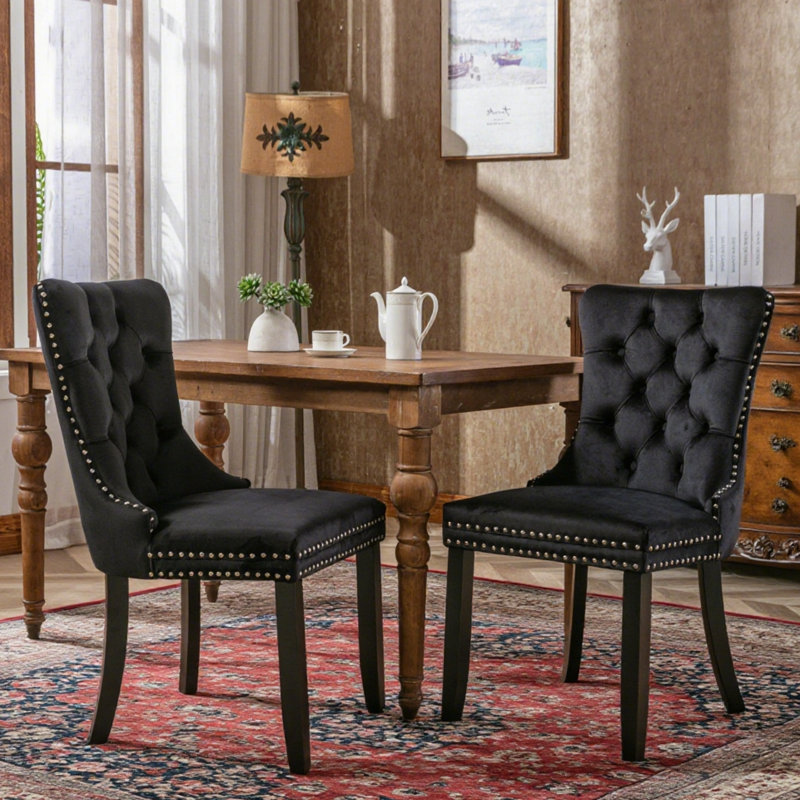 Milva Velvet Dining Chairs Upholstered High-end Tufted Dining Room Chair with Nailhead Back Ring, Black