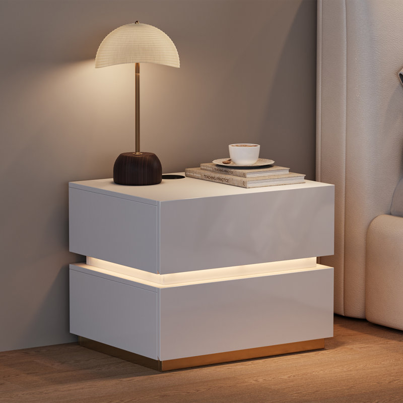 2-Drawer LED Smart White Nightstand with Wireless Charger for Bedroom, White