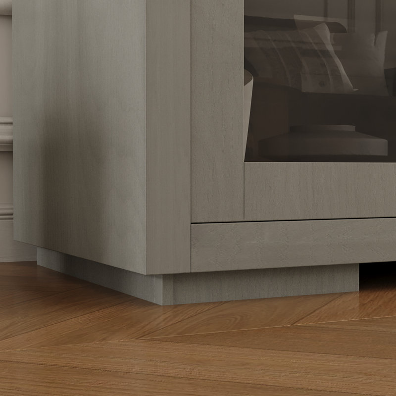 Crédence de rangement pour meuble télé en bois massif 66 po avec portes coulissantes en verre, Gris