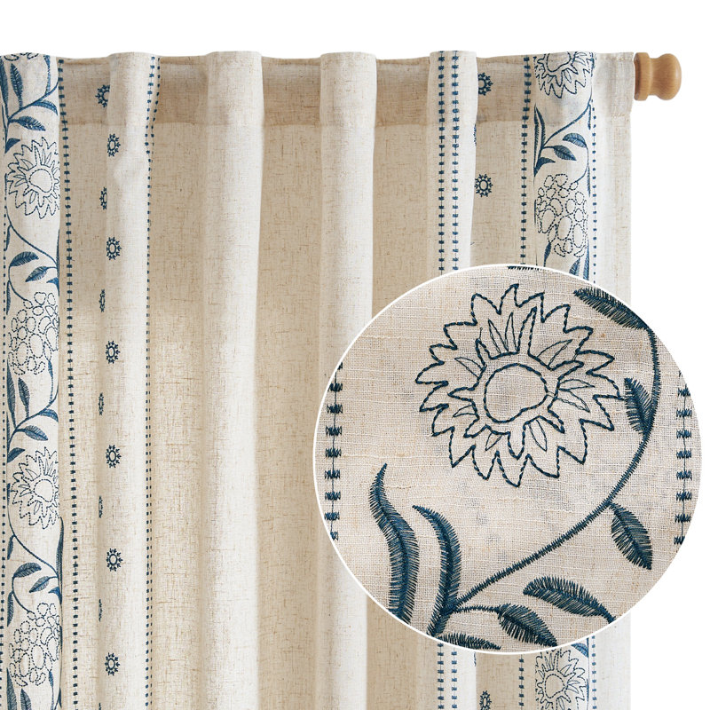 Linen Blended Semi Sheer Embroidered Floral Curtains, Blue, 50" W x 108" L