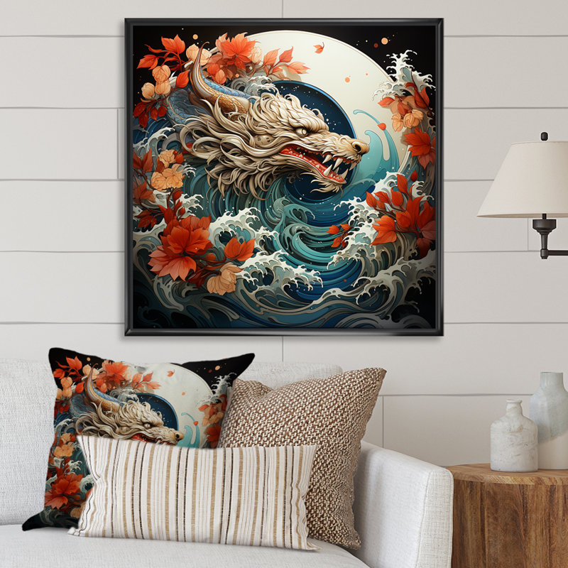 Vague de dragon japonais au large de Kanagawa II - Dragons, art mural, Cadre flottant noir, H 30 po x l 30 po