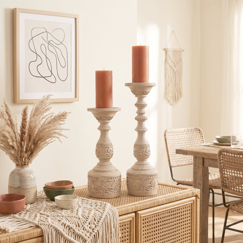 Ensemble de 3 porte-bougies bohémien en résine sculptée, pilier floral rétro pour décor de cheminée et de table, Brun