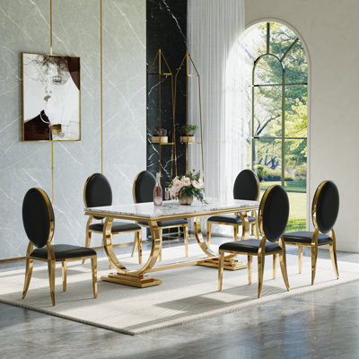 Modern Dining Set with Faux Marble Tabletop and Upholstered Chairs – Stainless Steel Legs