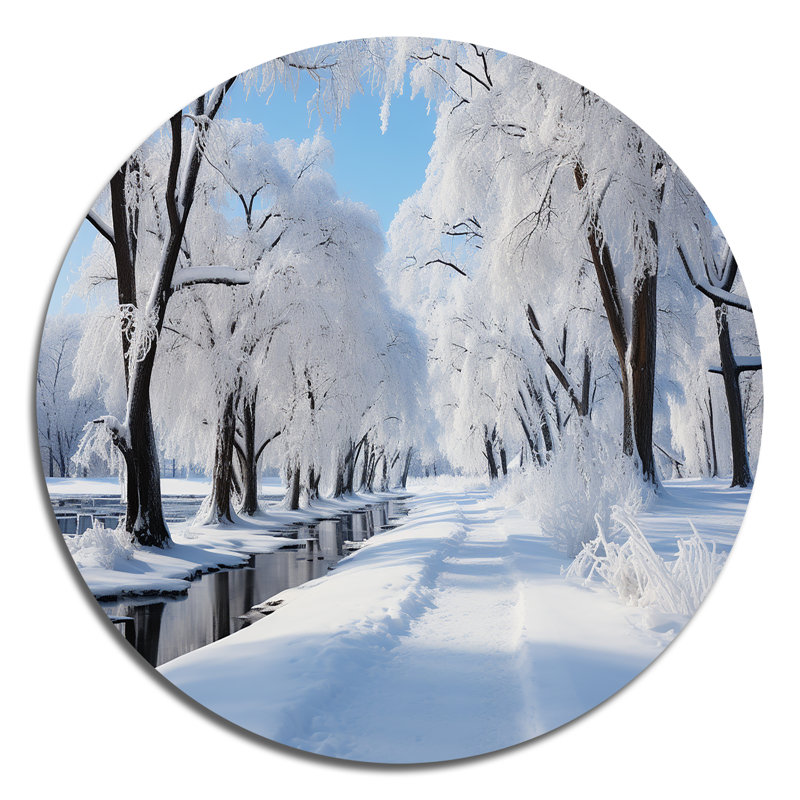 Winter Snowy Serenity IV - Paysages, art rond en métal, H 36 po x l 36 po