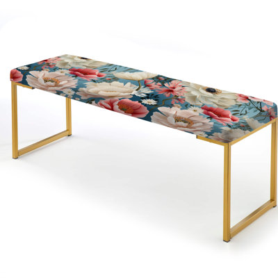 Ivory & Coral English Countryside Floral Pattern - Floral Upholstered Gold Bench