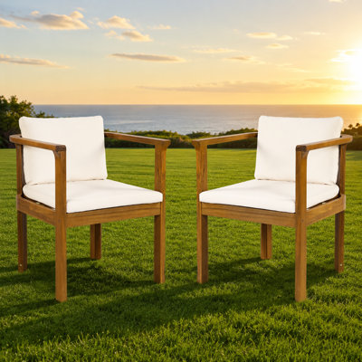 Set of 2 Outdoor Dining Chairs with Curved Solid Wood Arms, Ergonomic Back Support, Removable Comfort Cushions, Weather Resistant Durable Frame