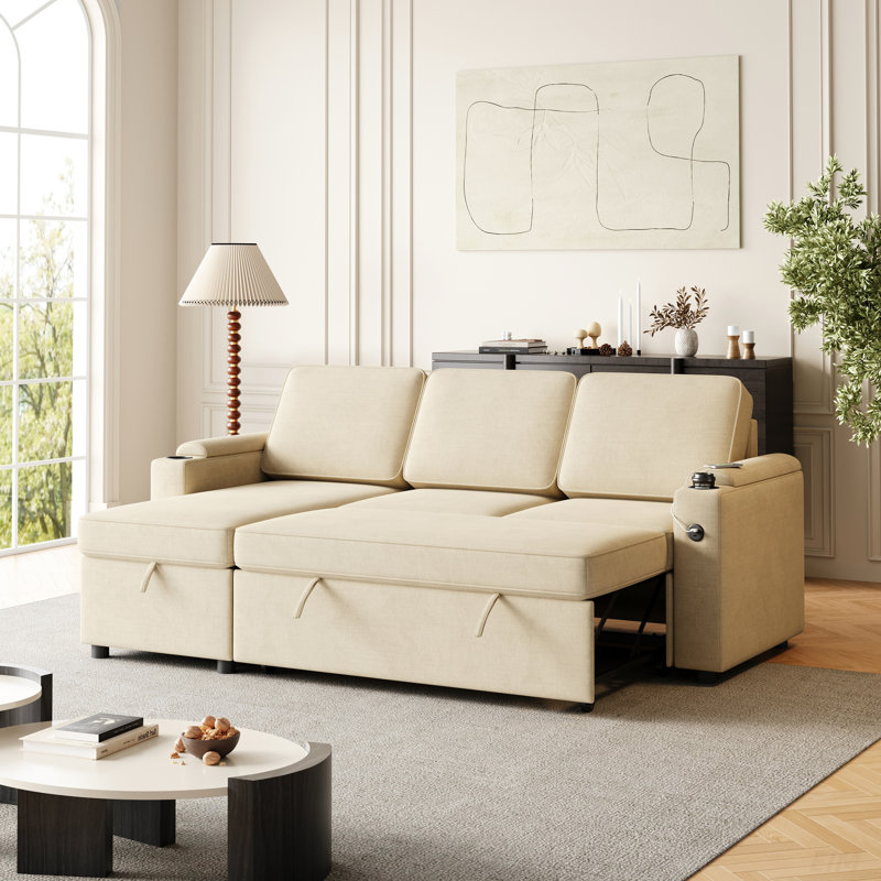 Sylvanis Convertible Sleeper Sofa with Reversible Chaise, Beige Polyester Blend