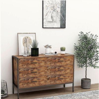 Commode double à 6 tiroirs de style industriel avec rangement en bois brun rustique et structure en acier robuste, commode à 6 tiroirs, armoire de rangement pour la chambre à coucher et le salon