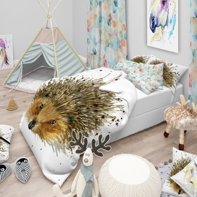 Hedgehog Watercolor - Animal Duvet Cover Set - Microfiber Polyester