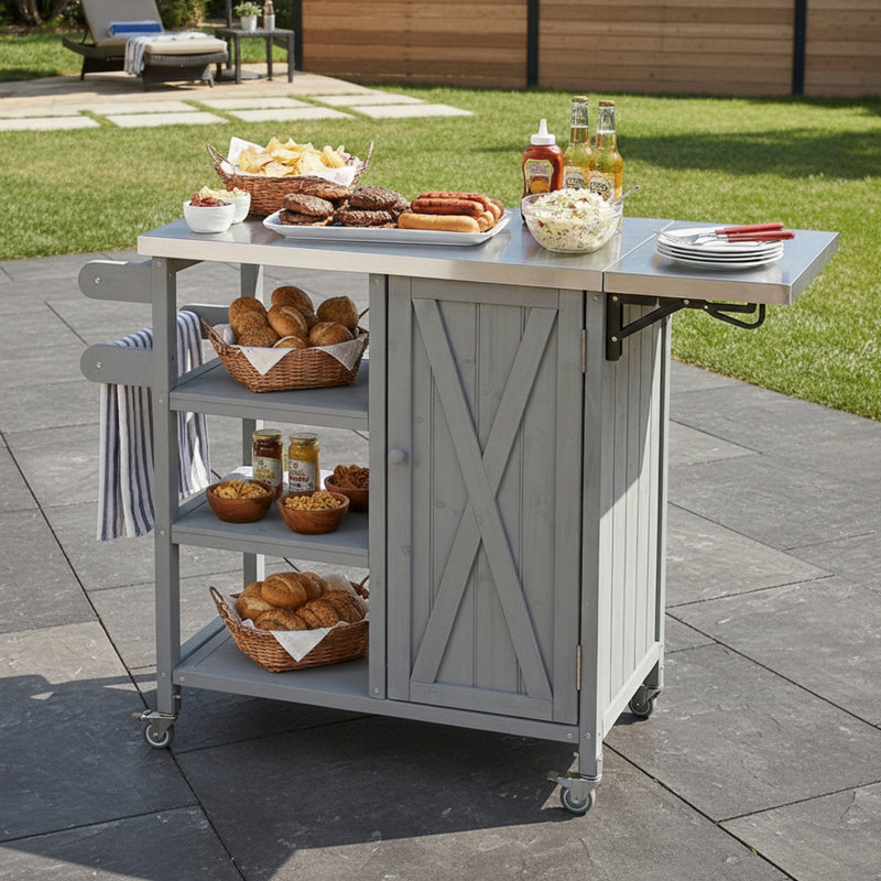Foldable Outdoor Kitchen Island With Lockable Wheels And Towel Rack, Gray