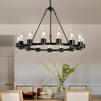  15- Light 33.66" Wagon Wheel Chandelier Black Farmhouse Chandelier For Living Room