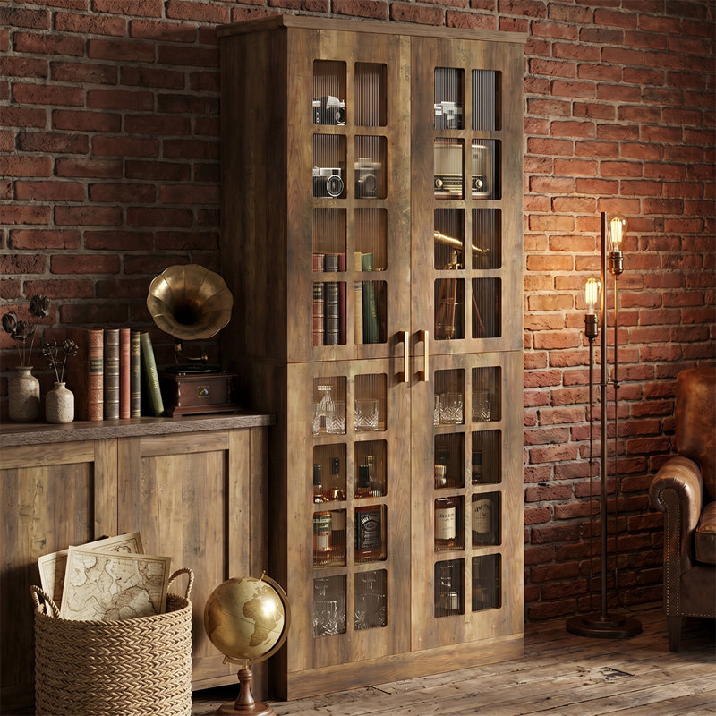 Garde-manger industriel rustique à 8 tablettes, rangement de cuisine à porte vitrée avec séparateurs mobiles