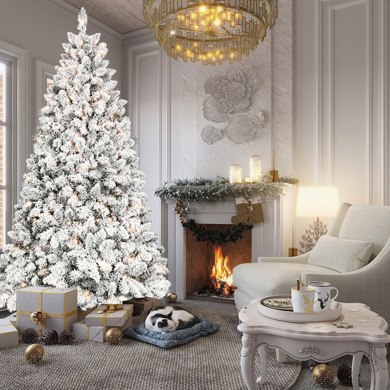 Arbre de Noël enneigé de 8 pi avec 700 lumières ul, 54 pins, neigeux, 1754 pointes, structure à charnières, base en métal robuste pour un décor naturel d'hiver, thème facile à installer