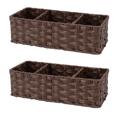 2 Pack 3-Section Wicker Storage Baskets, Waterproof Divided Toilet Tray Topper for Bathroom Shelf Organization