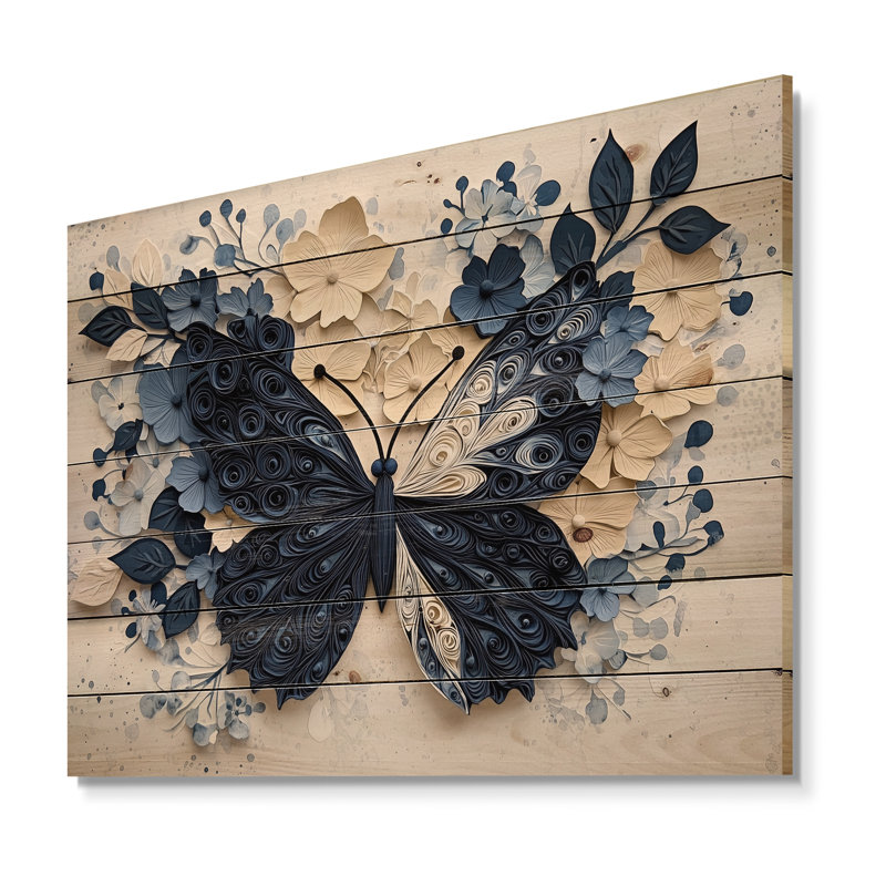Papillon bleu et blanc en fleurs - impression moderne en bois noir sur bois de pin naturel, 24" H x 32" W