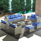 Cassville 8 - Person Patio Furniture Set, Outdoor Wicker Rattan Sectional Seating Group with Cushions, All Weather Sofa Conversation Set with Optional Fire Pit Table for Garden Backyard