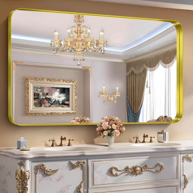 Miroir de salle de bain, miroir rectangulaire avec cadre en métal profond, coin arrondi, verre trempé, grand miroir pour mur, plus de 2 lavabos, installé verticalement / horizontalement, transparent