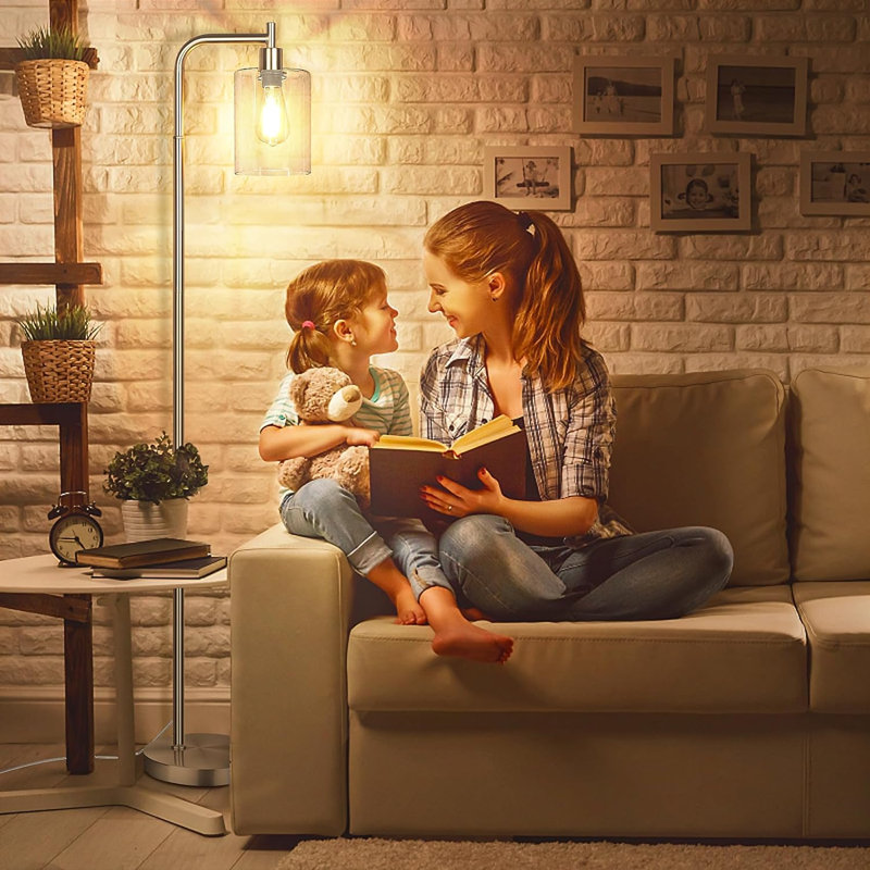 Lampe sur pied industrielle, lampes sur pied modernes avec abat-jour en verre transparent suspendu, grand lampadaire de lecture classique pour le salon, noir