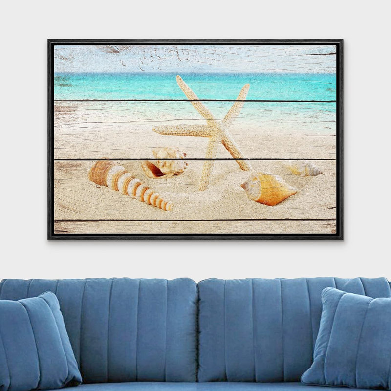 Coastal Beach " Starfish And Seashells On The Beach ", 16" H x 24" W, Black Floater Framed