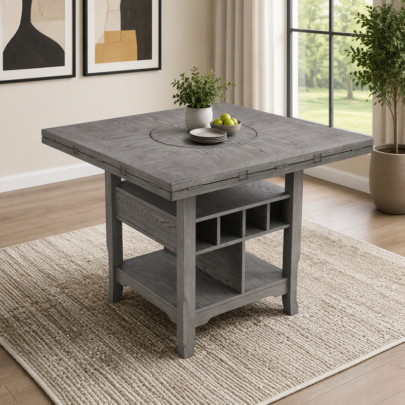 Table de salle à manger grise à hauteur de comptoir de 1 pièce avec tablette de rangement intégrée Lazy Suzan