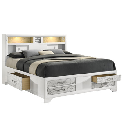 Full Bed With Modern Style, White Frame, Marble - Headboard And Built In Lighting System In Wood Construction, Accents Charging Port