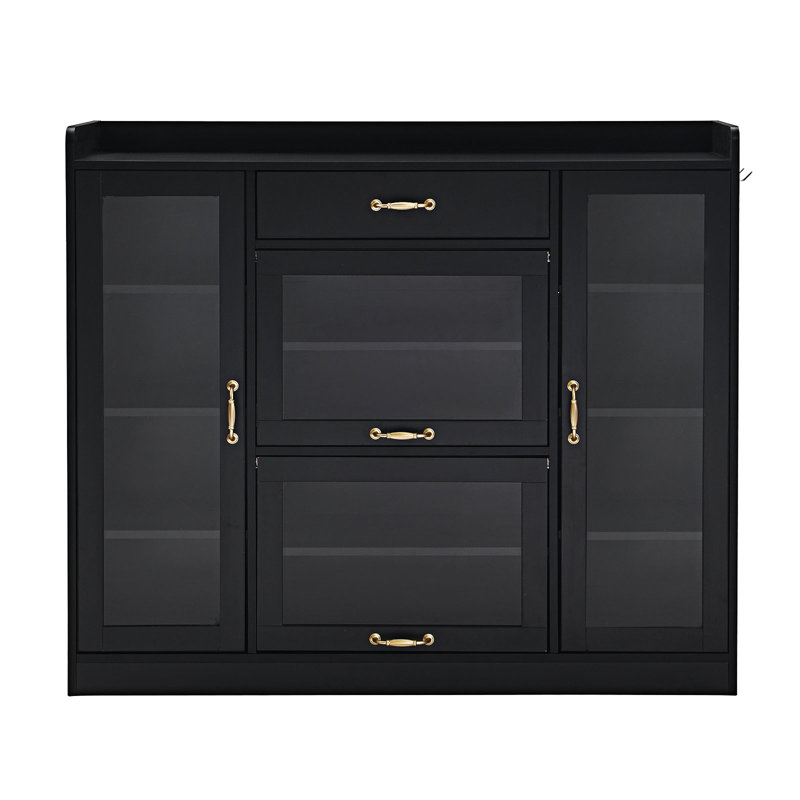 Armoire moderniste avec 4 portes en verre et 3 crochets, Noir