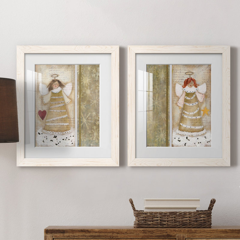 «Cloud Angel with Heart», ensemble de 2 peintures, Papier encadré blanc, Blanc, H 20 po x l 17 po x P 1 po