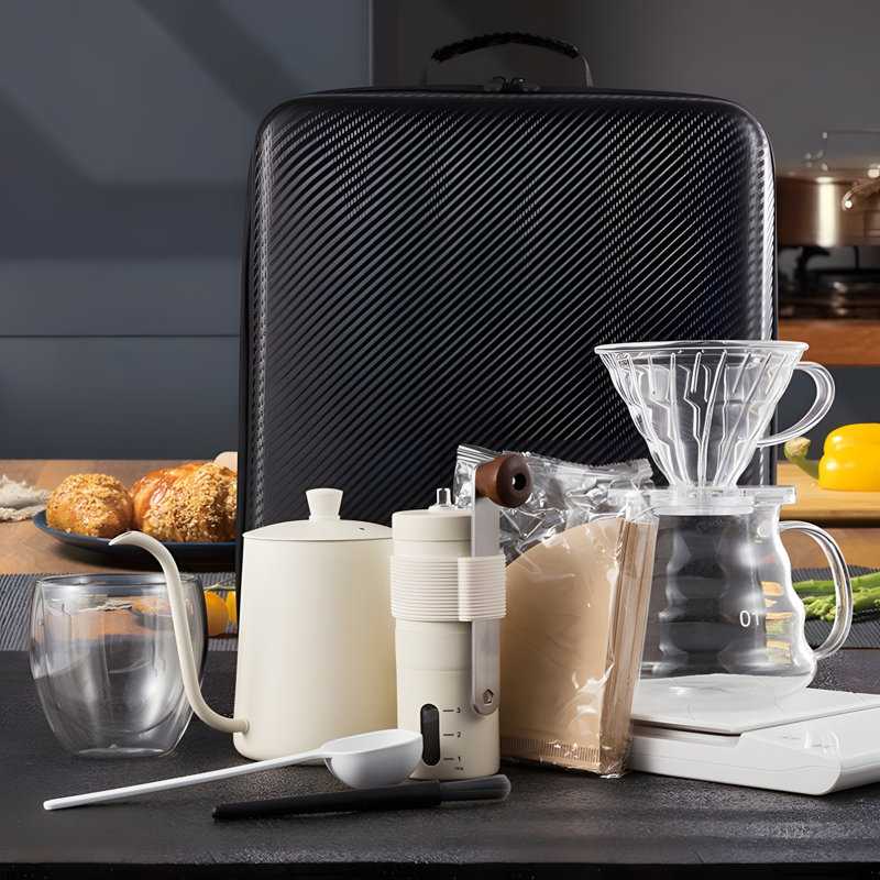 Pour Over Coffee Maker Kit With Portable Carrying Case, Dripper, Gooseneck Kettle, Glass Server, And Manual Coffee Grinder For Home And Outdoor Use