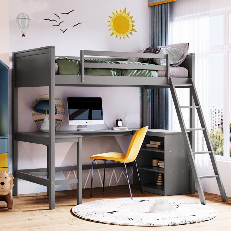 Lit mezzanine simple gris avec bureau et tablette, Living Solution, bois de pin massif, bureau sans tablette requis, construction, nécessaire