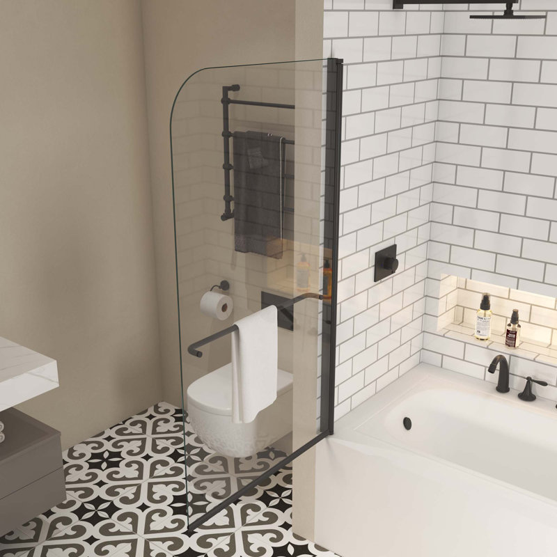 Bath Tub Pivot Shower Screen,With 1/4" Tempered Glass And Towel Bar, Black