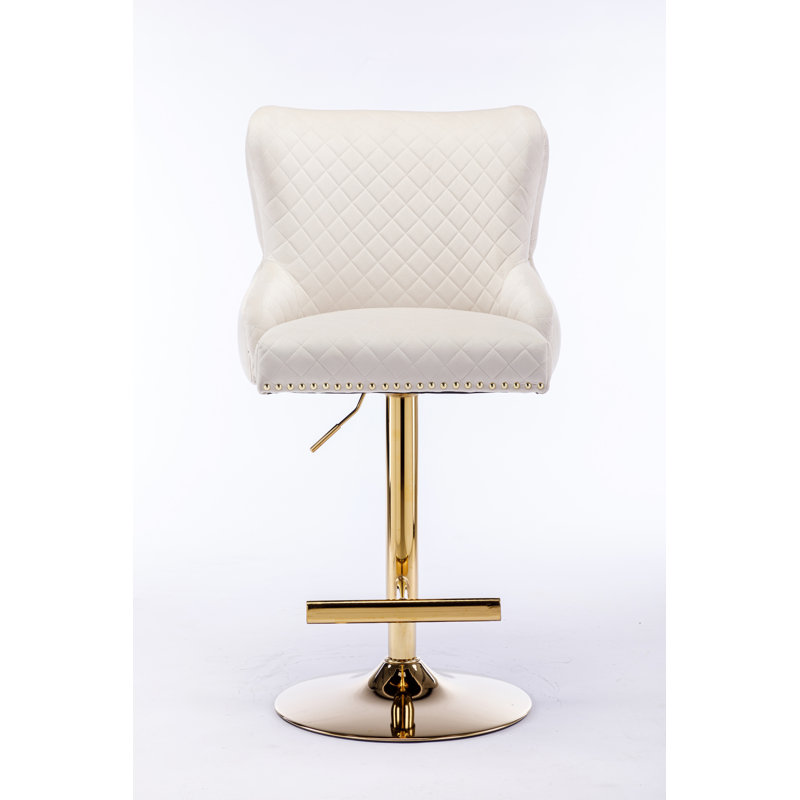 Velvet Bar Chair Stool One-Piece Set, Adjustable Height, Diamond Lattice Against The Back To Pull The Lion's Head With Zipper Decoration, Set Of 1