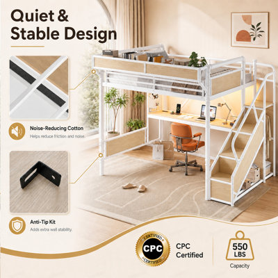Grand lit mezzanine en métal industriel avec bureau intégré et prise de courant, bande DEL, cadre de lit mezzanine en métal avec panneaux perforés et paniers de rangement en filet, escalier de rangement avec garde-robe