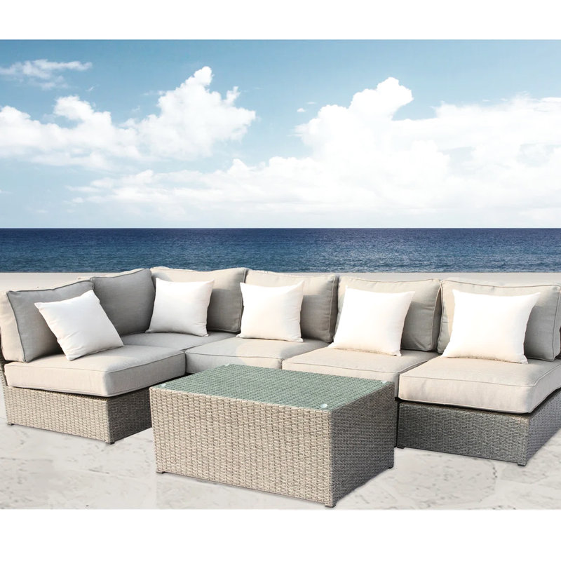 4 Outdoor Seating Collection For Patio Party, Fully Assembled, Oversized Design, Handwoven , Gray Cushions, Glass Table With 4 Seats Relaxation, Quick Setup, All-Weather Top